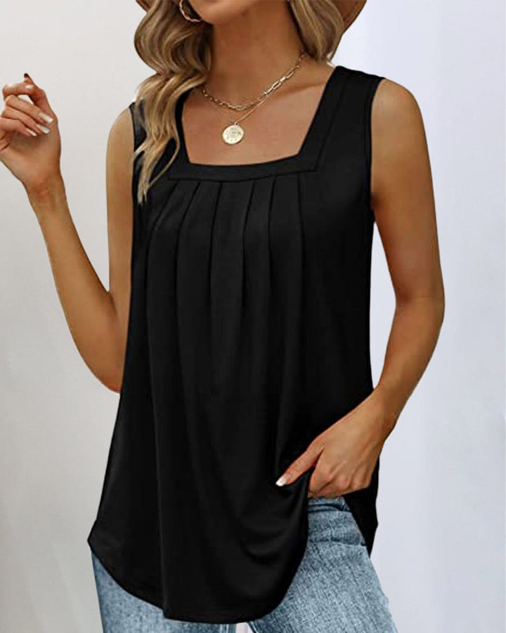 Black women's sleeveless square neck top, a versatile piece for dressy or casual everyday style.