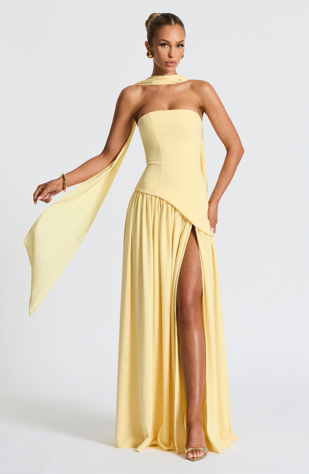Chic women's strapless front-slit maxi dress, a perfect elegant evening gown or party attire for summer.