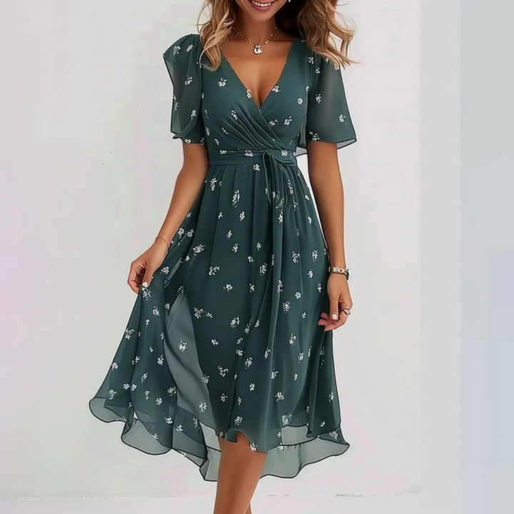 Women's elegant summer midi dress, lightweight & flowy A-line design. Perfect for vacation & casual wear.