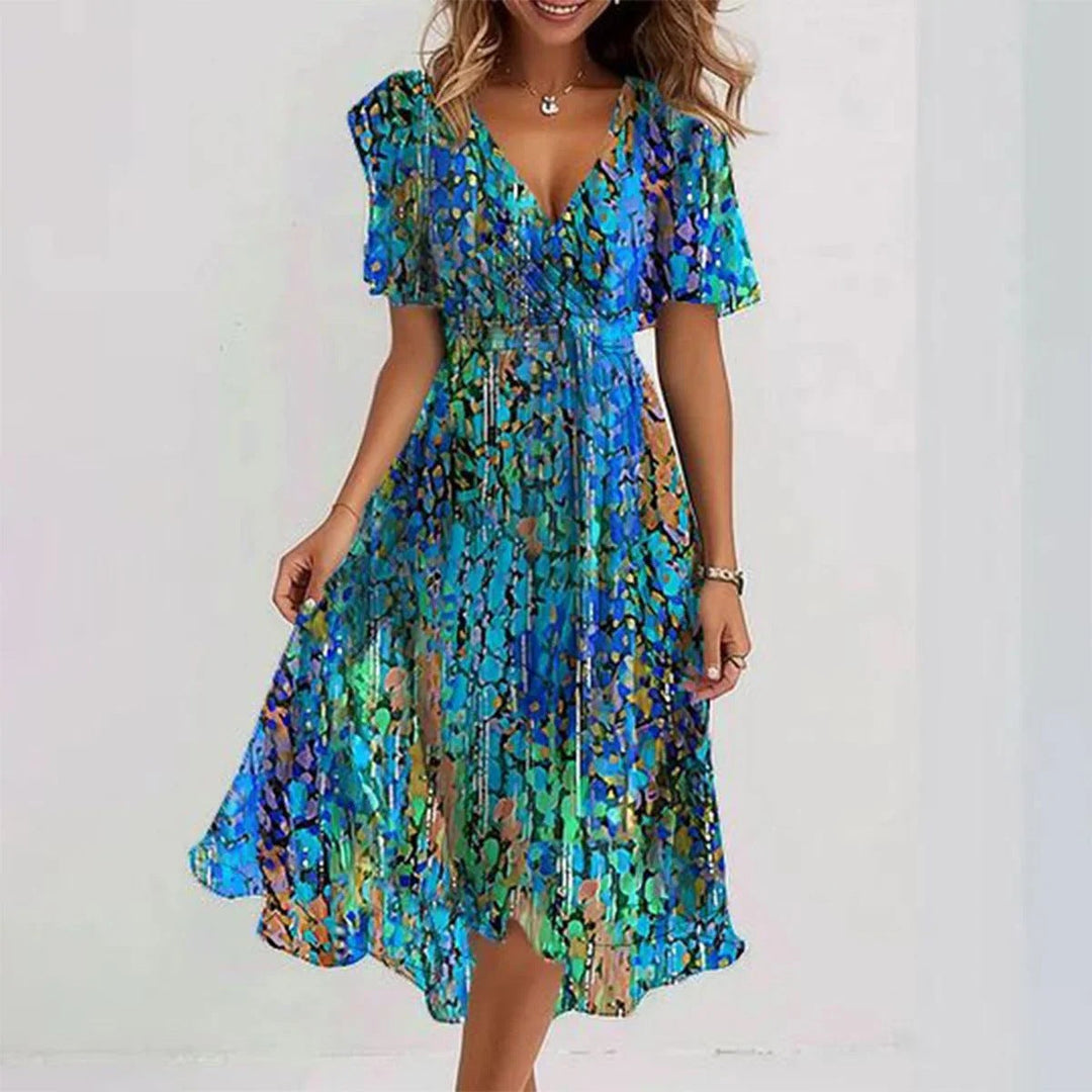 Flowy A-line midi summer dress for women. Elegant & comfortable sleeveless design, ideal for hot weather.