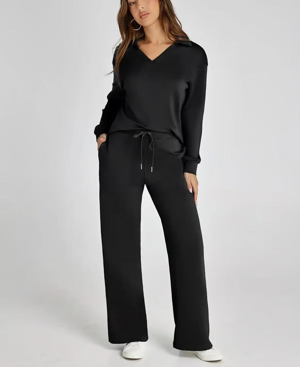 Elegant women's two-piece lounge set; collared top & drawstring pants create a sophisticated casual look.