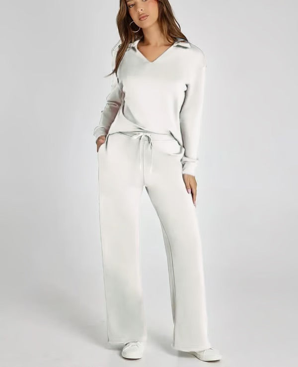Casual yet chic women's two-piece lounge set. Soft collared top & comfortable drawstring pants outfit.