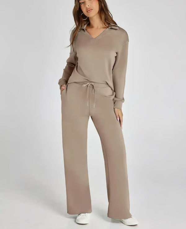 Detail of the collared top from a women's elegant two-piece lounge set, featuring soft fabric.