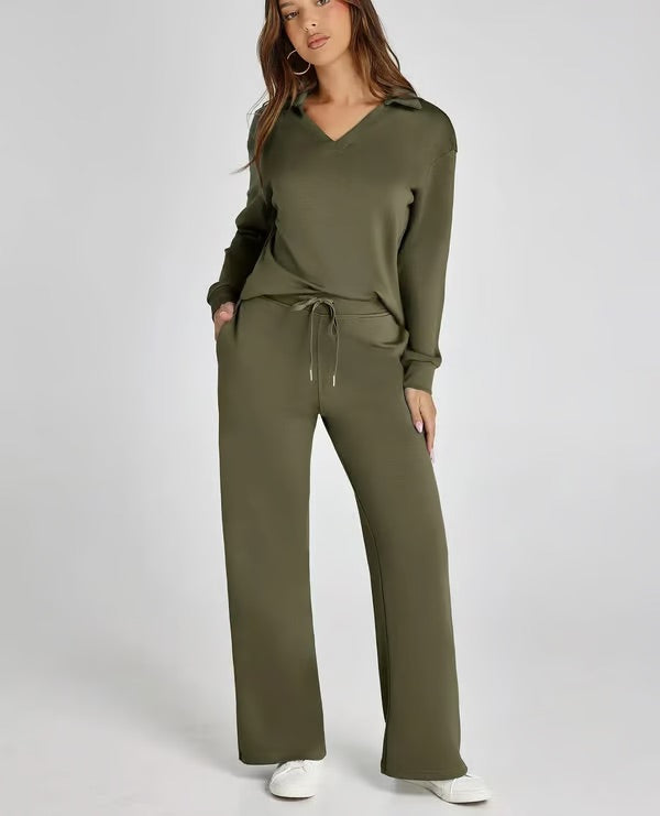 Soft women's collared top from a two-piece lounge set, perfect for casual elegant outfits.