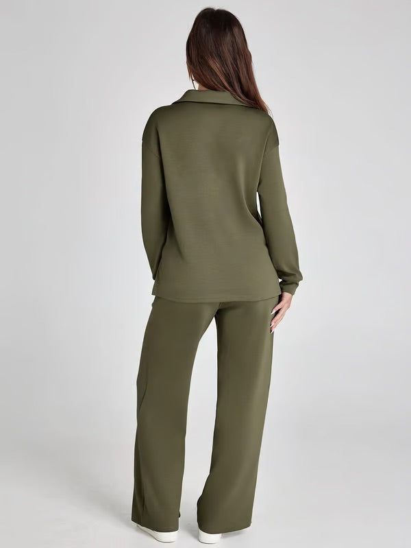 Relaxed fit drawstring lounge pants, part of a breathable two-piece women's set for comfort.