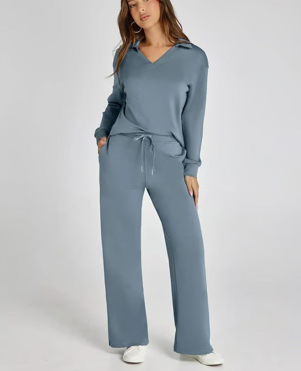 Chic women's matching lounge set with collared top & drawstring pants, ideal for stylish casual outfits.