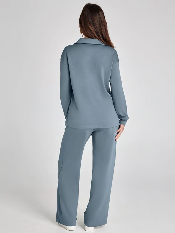 Close-up of the soft, breathable fabric of the women's two-piece lounge set. Relaxed fit design.