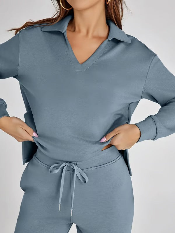 Back view of women's elegant two-piece lounge set, showcasing the relaxed fit drawstring pants.