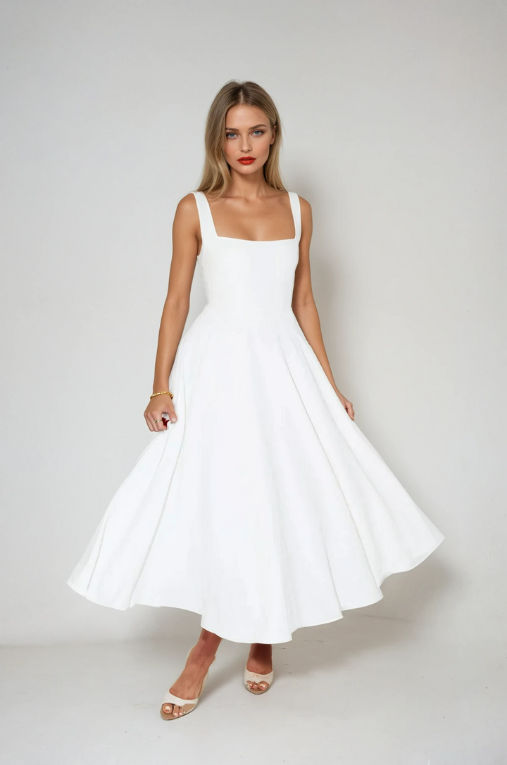 Women's elegant white cocktail midi dress with a square neckline, perfect for summer parties & special occasions.