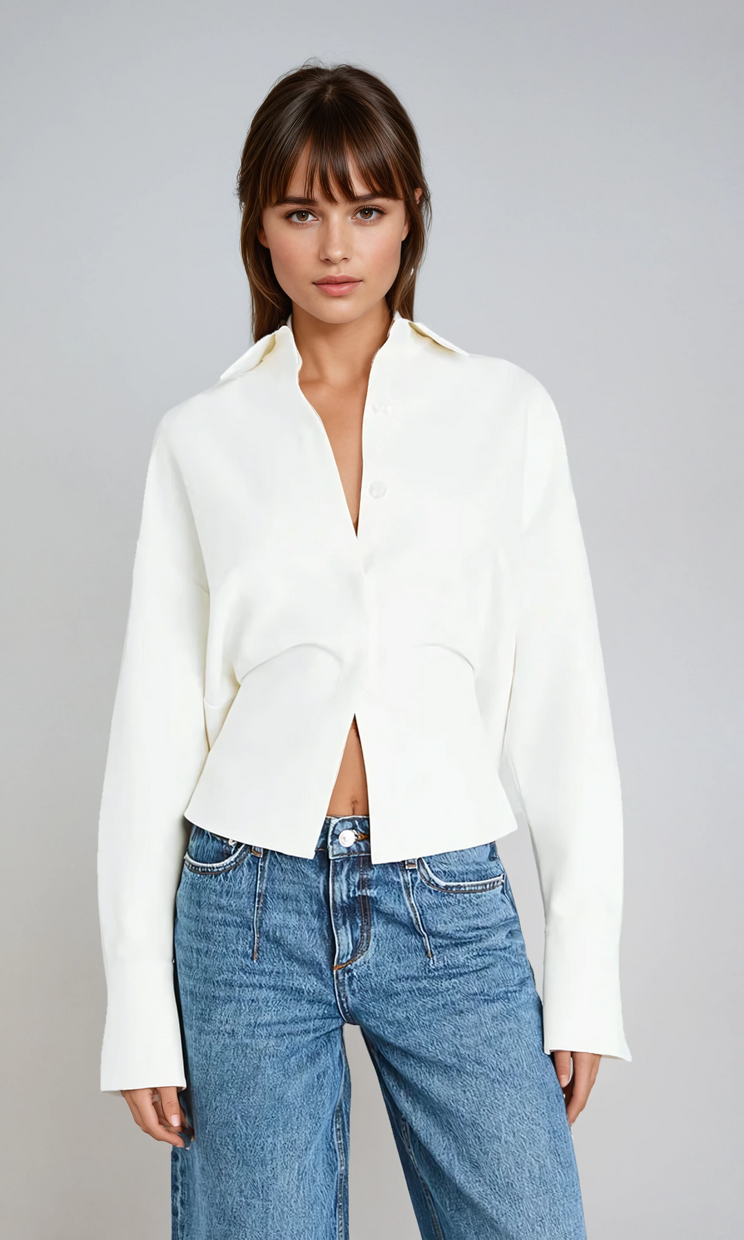 Women's elegant white draped button-down shirt, perfect for office wear or casual chic outfits. Versatile blouse.