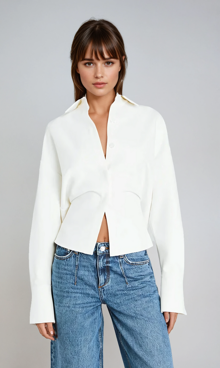 Women's elegant white draped button-down shirt, perfect for office wear or casual chic outfits. Versatile blouse.