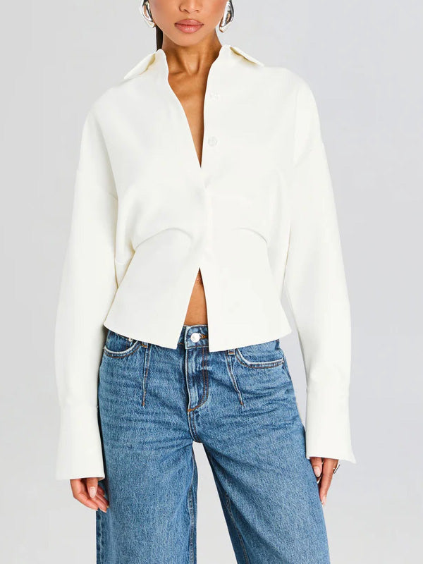 White women's draped button-down blouse. Elegant & minimalist shirt, ideal for workwear, office, or casual looks.