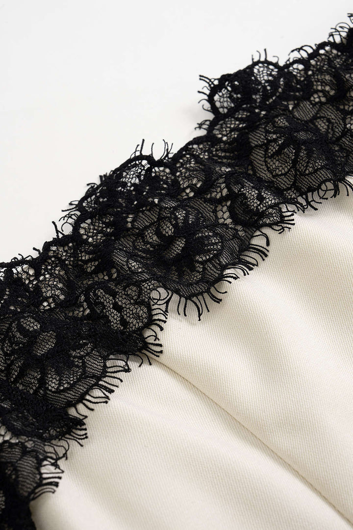 Stylish women's white midi dress with black lace trim, an elegant contrast design for summer parties & formal events.
