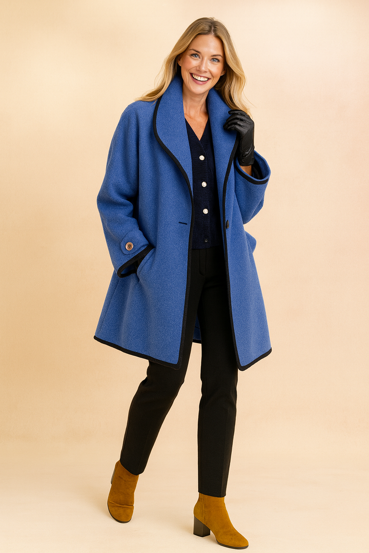 Women's elegant winter jacket with contrast piping, perfect for stylish outerwear.