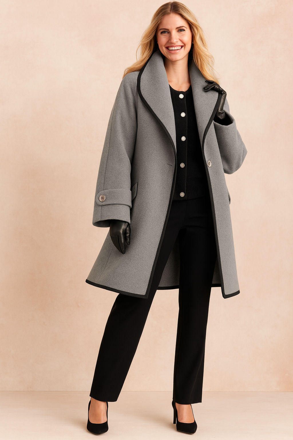Chic loose-fit women's winter coat, elegant and minimalist with contrast piping detail.