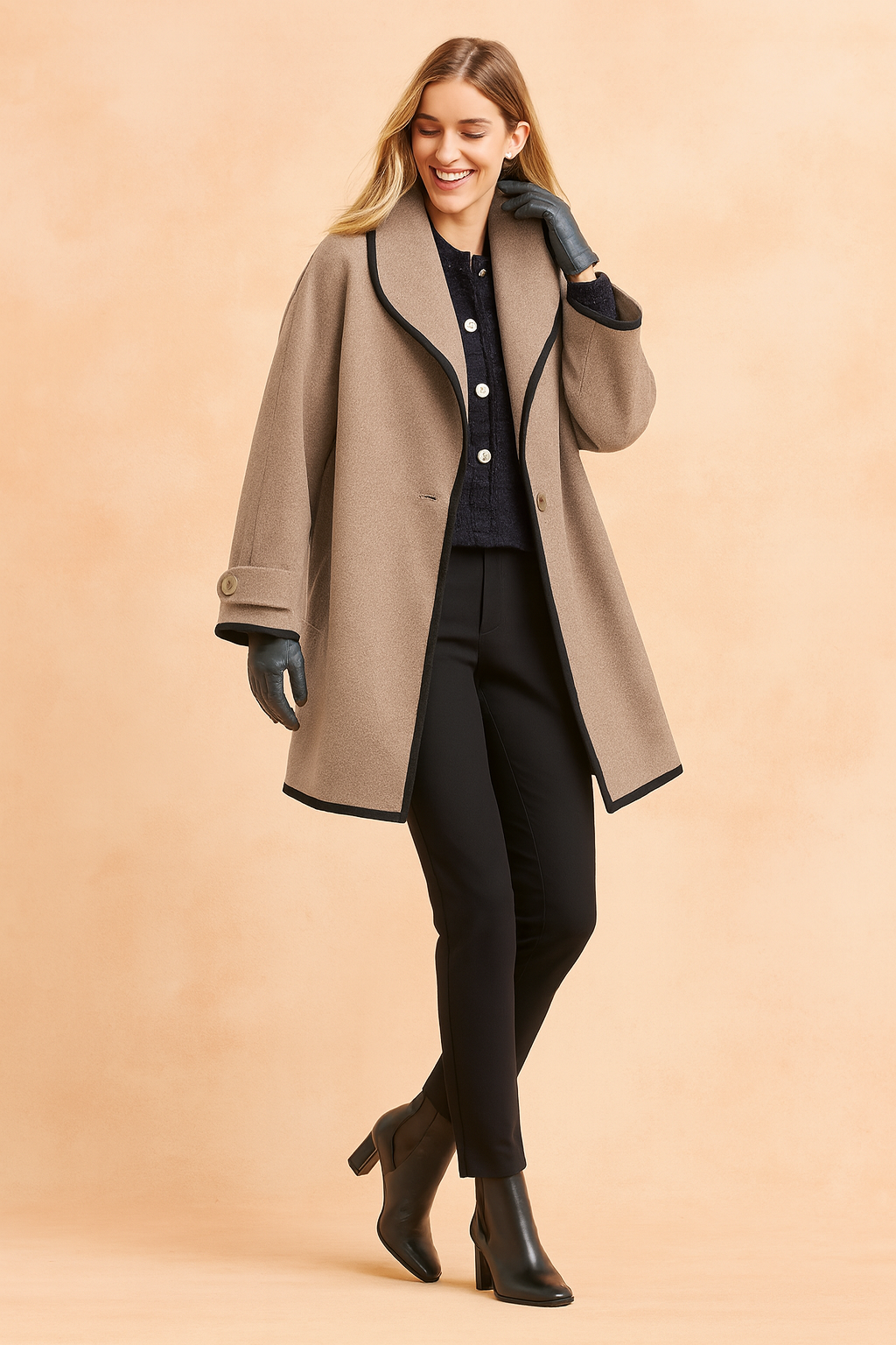 Stylish women's winter jacket, elegant outerwear with unique contrast piping for casual elegance.