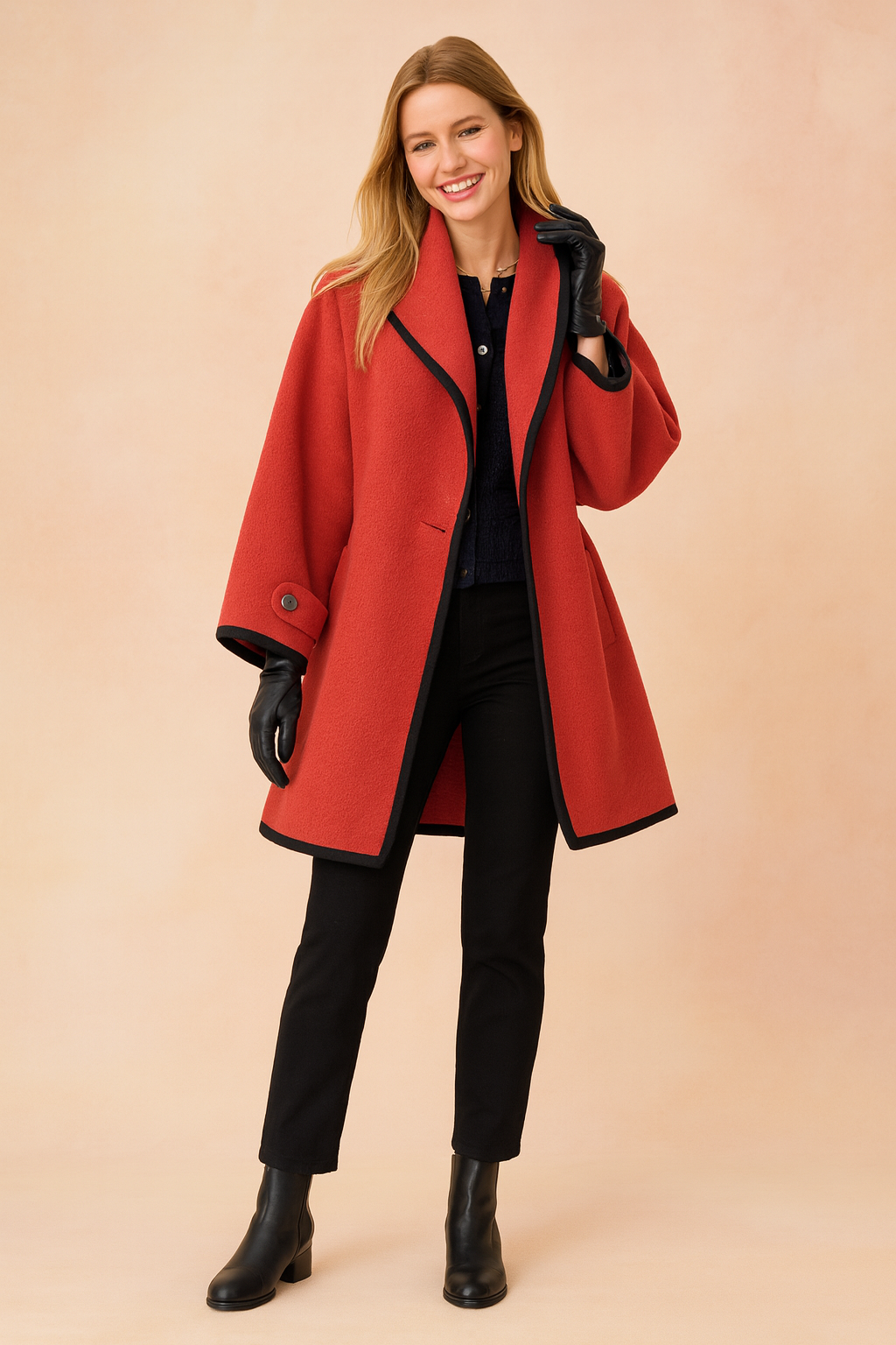 Elegant women's winter coat, loose fit, features stylish contrast piping, ideal for everyday fashion.