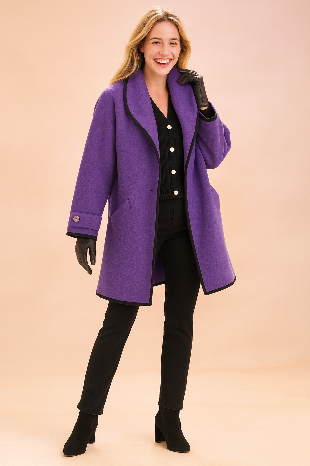 Fashion-forward women's winter jacket, chic design with contrast piping, perfect for winter elegance.