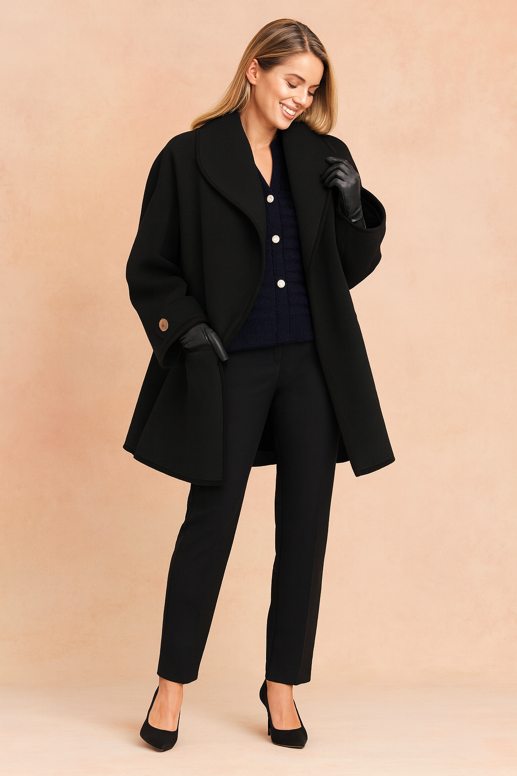 Warm women's winter jacket, elegant style, featuring distinct contrast piping, a versatile fashion piece.