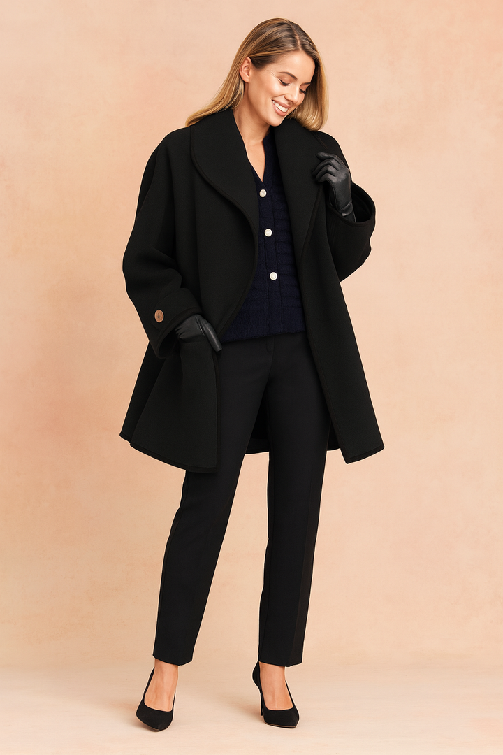 Warm women's winter jacket, elegant style, featuring distinct contrast piping, a versatile fashion piece.