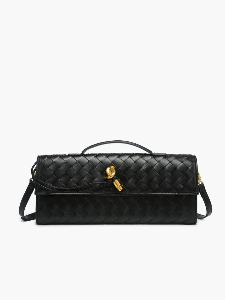 Women's elegant woven flap clutch handbag, perfect for evening wear & special occasions.
