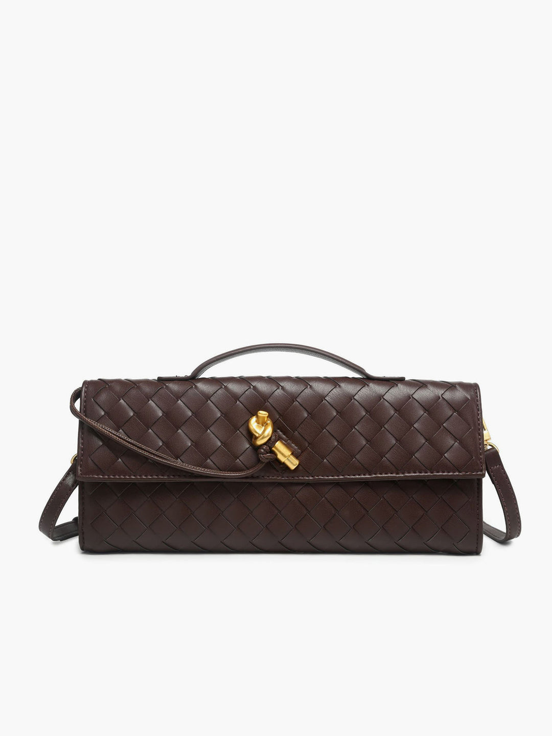 Compact women's woven flap clutch, perfect for carrying essentials to evening events.