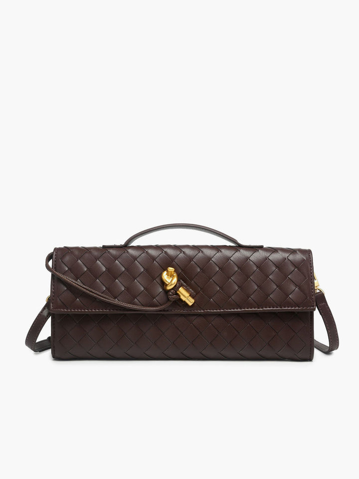 Compact women's woven flap clutch, perfect for carrying essentials to evening events.
