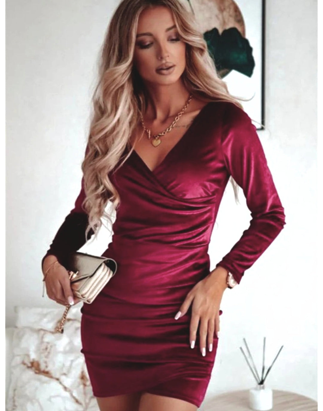 Chic women's V-neck wrap mini dress with long sleeves, ideal as a formal evening gown or party wear.