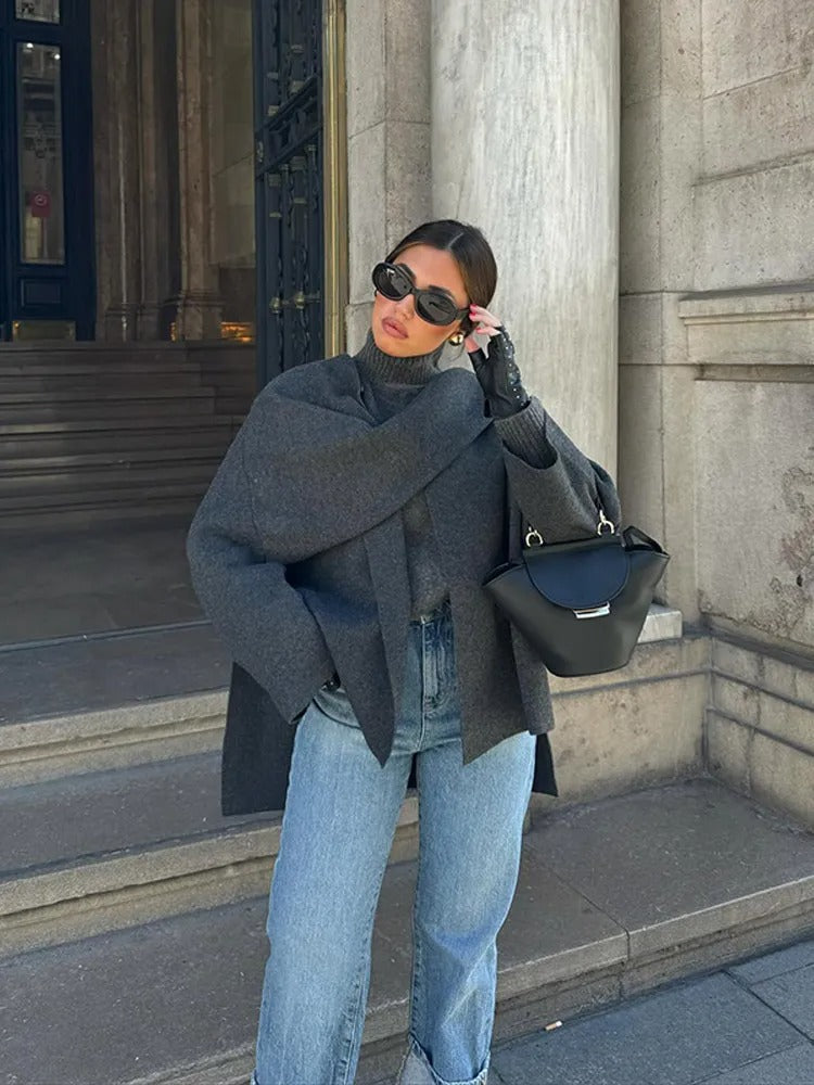 Women's Ella winter poncho, a warm and stylish layering piece for fall and winter comfort.