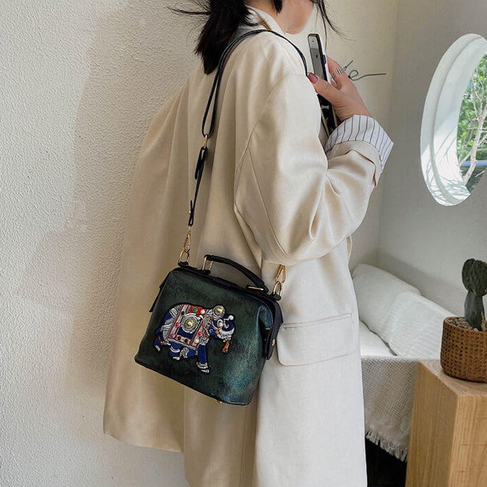 Cotton blend women's shoulder bag, embroidered with a colorful bohemian mandala.