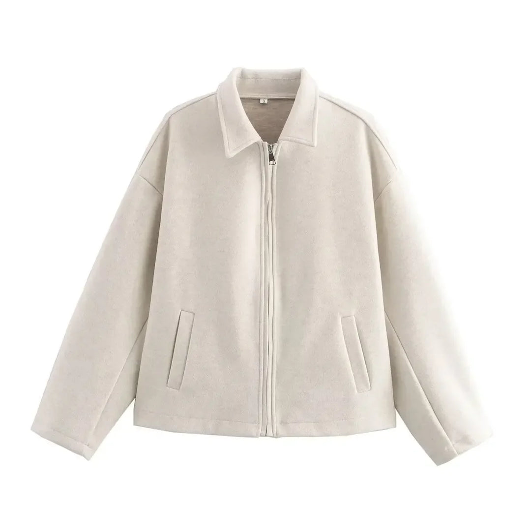Modern women's casual jacket with a trendy zipper collar, suitable for everyday fall and winter fashion.