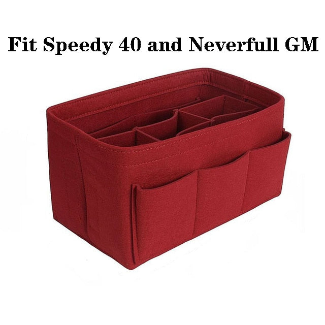 Stylish women's felt handbag organizer insert. Keeps your purse tidy, stores makeup & travel essentials.