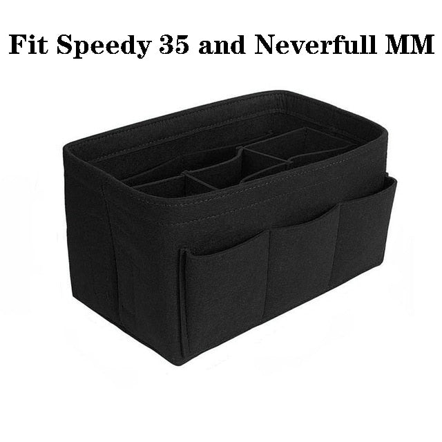 Versatile felt handbag organizer with multiple compartments for makeup, purse storage & tote tidiness.
