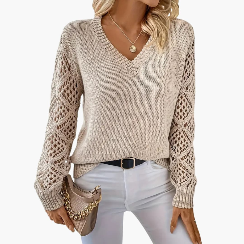 Women's fine knit V-neck long sleeve sweater, perfect for elegant casual wear & transitional fashion.
