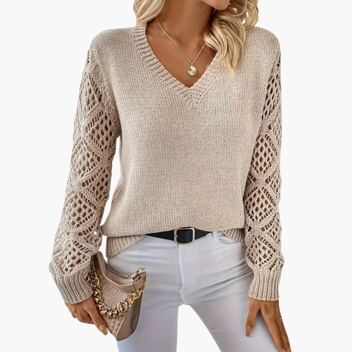 Women's fine knit V-neck long sleeve sweater, perfect for elegant casual wear & transitional fashion.