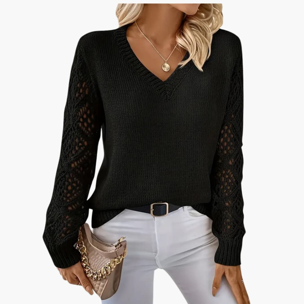 Comfortable women's fine knit V-neck sweater, a versatile long sleeve top for everyday chic layering.