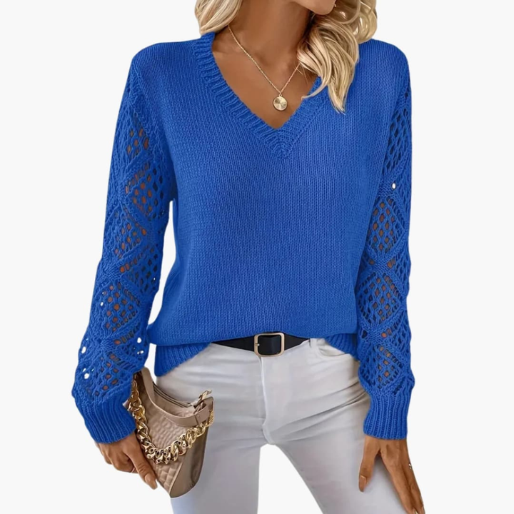 Chic women's V-neck fine knit sweater with long sleeves, ideal for casual outfits or elegant layering.