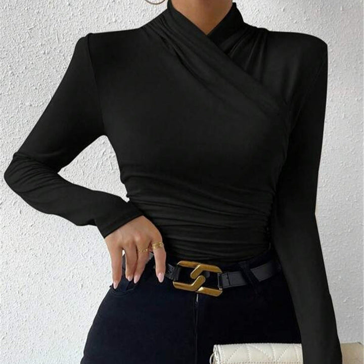 Flattering women's fitted wrap neck top, a comfortable long sleeve blouse in stretch fabric for everyday elegance.