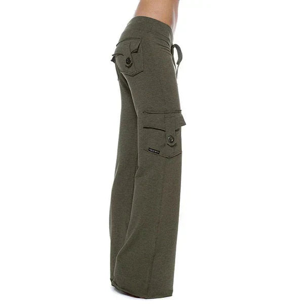 Stylish bootcut cargo pants for women, featuring multiple functional pockets and a flattering fit.
