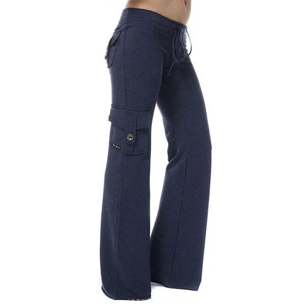 Flared bootcut cargo pants for women, offering a flattering silhouette for active or casual wear.