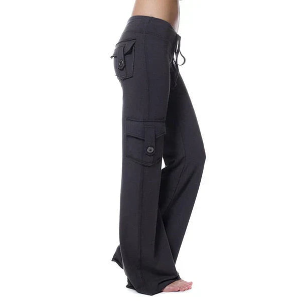 Women's stylish cargo pants with bootcut flare and practical pockets, great for daily wear.