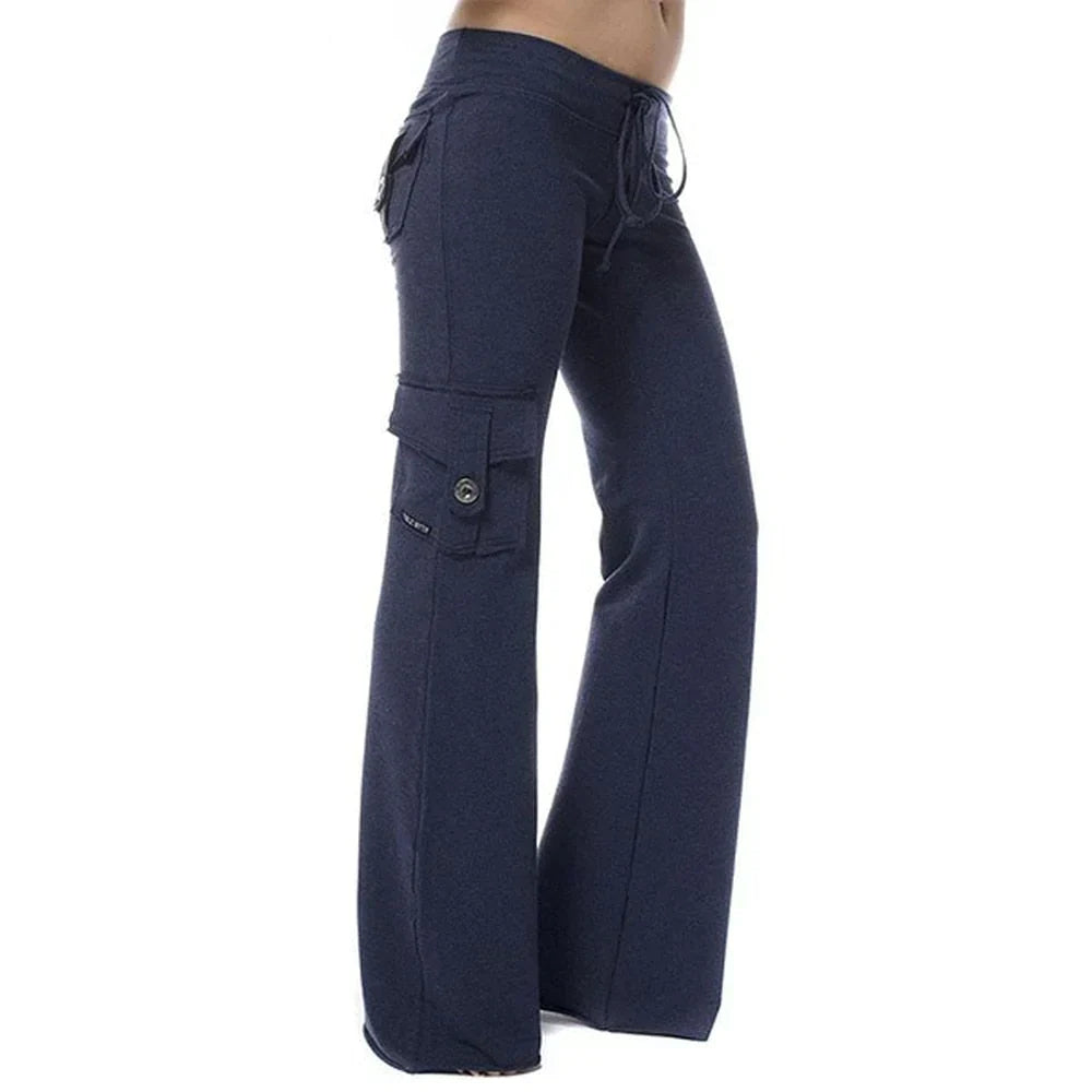 Modern women's bootcut cargo pants; comfortable, versatile, with practical pockets for travel.