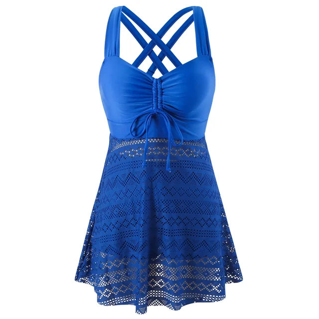 Plus size women's tankini swim set, flattering design & tummy control for confident beach style.