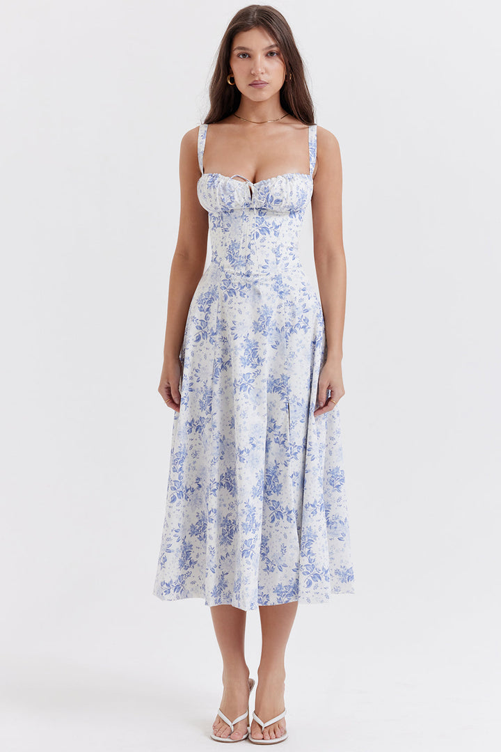 Stunning elegant women's floral bustier dress with flattering waist-shaping, suitable for evening wear.