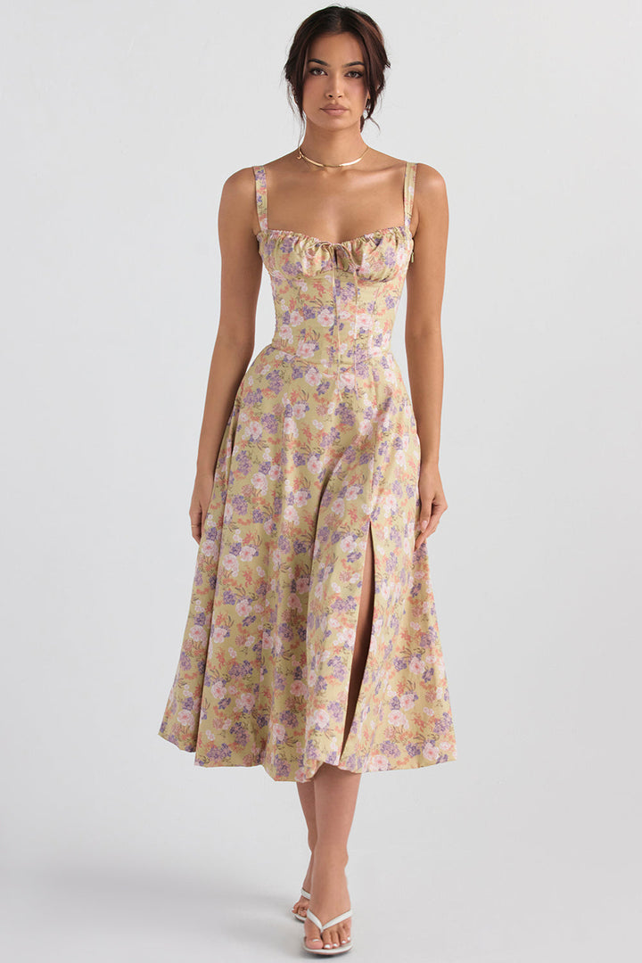 Chic floral party dress for women, featuring a bustier and waist-shaping design for elegance.