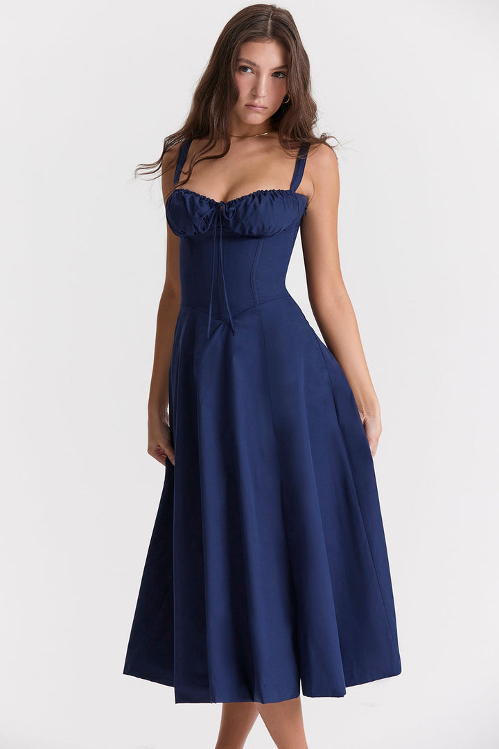 Full length view of a women's floral bustier waist-shaping dress, ideal for elegant occasions.