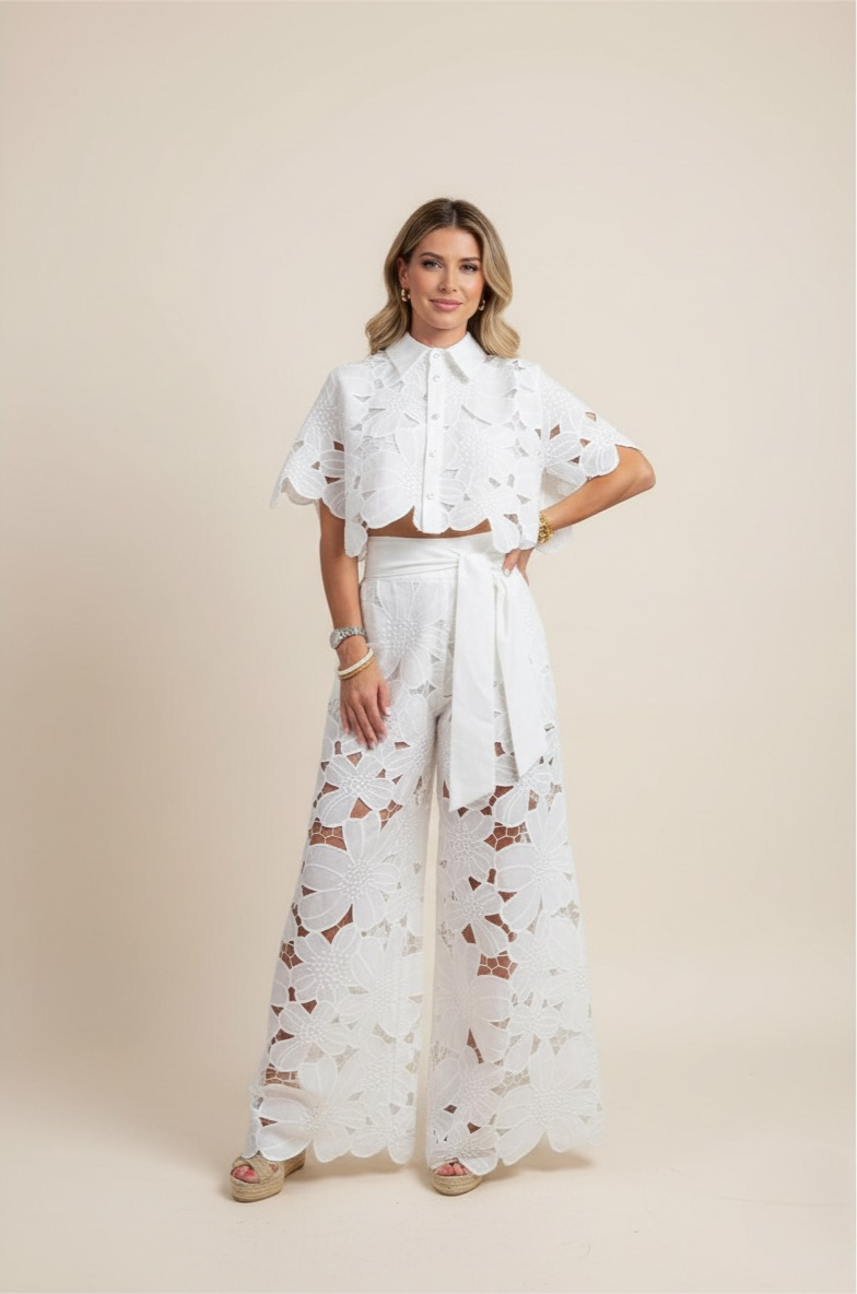 Women's floral embroidered two-piece set with elegant wide-leg trousers and button-up top for summer.