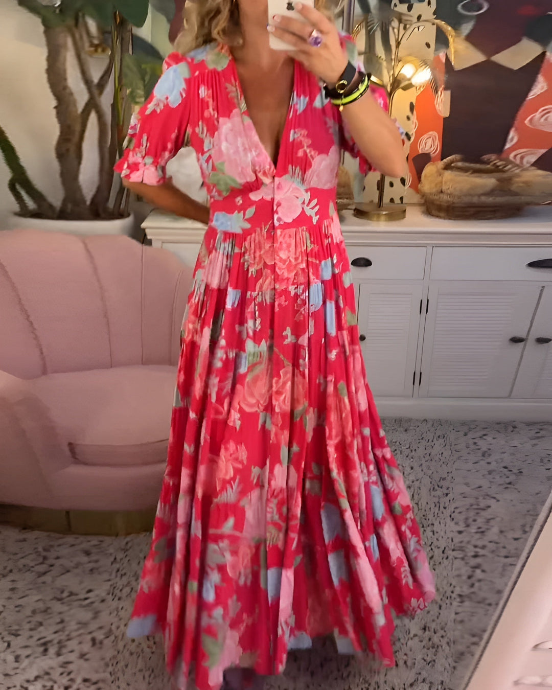 Women's floral print V-neck midi dress with pockets, perfect for casual spring & summer style.