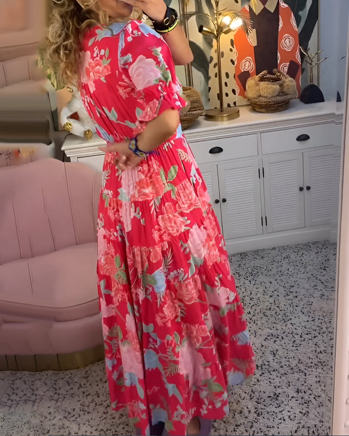 Stylish women's floral print V-neck pocket dress, midi length, designed for comfortable everyday wear.
