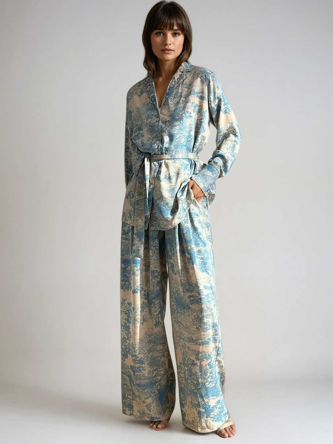 Women's floral relaxed fit co-ord set with wide leg pants, perfect for comfortable summer casual chic outfits.